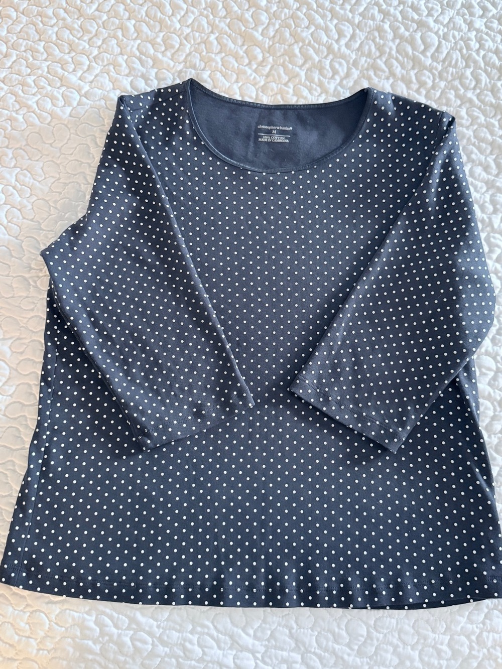 Christopher & Banks Navy Blue White Polka Dot 3/4 Sleeve Cotton Top M
